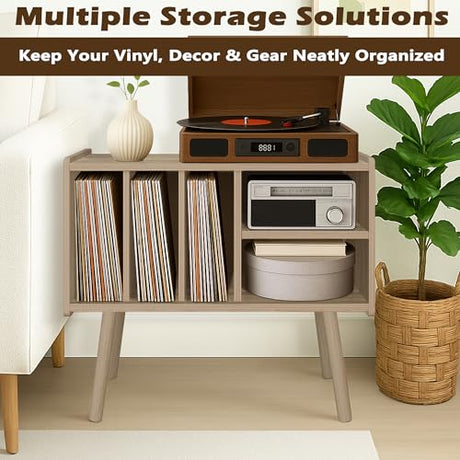 Montex Record Player Stand with Vinyl Storage, Wooden Record Player Table with 5 Cabinet, Large Vinyl Record Player Stand, Record Player Holder, Record Player Shelf for Office Living Room, White Oak Montex
