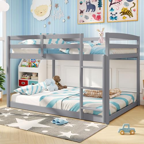 Giantex Full Over Full Bunk Bed, Solid Wood Kids Bunk Bed with Full-Length Guardrails, Integrated Ladder & Anti-Tippling Kits, Low Bunk Beds with Slats Support for Kids, Teens, Grey Giantex