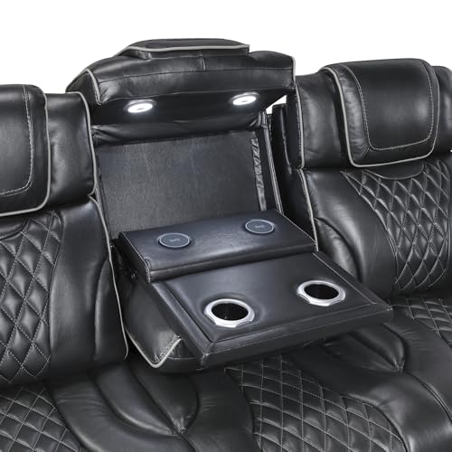 Lexicon Power Double Reclining Sofa, Center Drop-Down Table with Heat/Massage/Headrest/Storage Arms/Cup Holders/LED Lights/Wireless Charging, Top Grain Leather Match Wall Hugger Recliner Sofa, Black