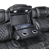 Lexicon Power Double Reclining Sofa, Center Drop-Down Table with Heat/Massage/Headrest/Storage Arms/Cup Holders/LED Lights/Wireless Charging, Top Grain Leather Match Wall Hugger Recliner Sofa, Black
