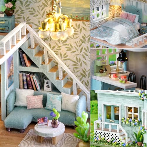 TuKIIE DIY Miniature Dollhouse Kit with Furniture, 1:32 Scale Creative Room Opened & Closed Mini Wooden Doll House for Kids Teens Adults(Warm House)