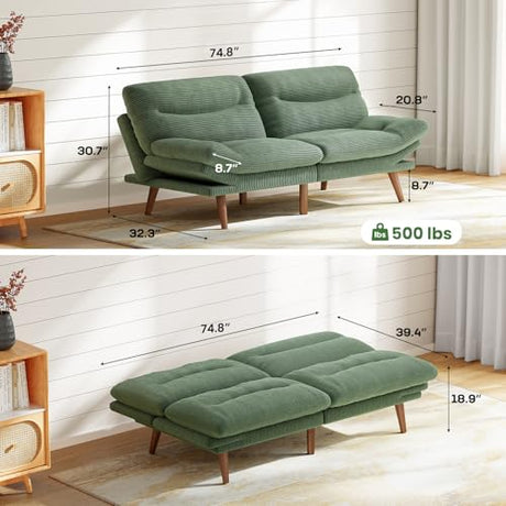 Marsail 74.8" Futon Sofa Bed, Corduroy Convertible Futon Couch with Adjustable Backrest & Armrests, Small Sleeper Sofa Loveseat for Small Apartments, Study Room, Office, Green Marsail
