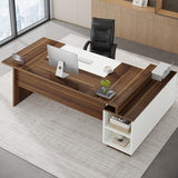 Tribesigns L-Shaped Executive Office Desk, 70.5-Inch Mid-Century Modern Executive Desk with Storage Cabinet and Shelves, Large Computer Desk for Home Office, Brown + White Tribesigns