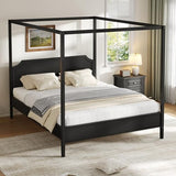Queen Size Solid Wood Canopy Bed with Headboard and 10''H Under-Bed Storage,Mid-Century Modern Four Posters Platform Bed with Wood Slat Support for Bedroom,No Box Spring Needed,Easy Assembly,Black