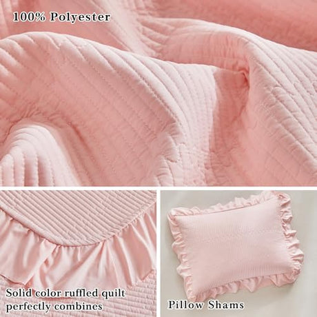 Flysheep Pink Ruffle Quilt Set Twin Size, 2 Pieces Shabby Chic Farmhouse Striped Bedspread Coverlet Set, Solid Lightweight Soft Microfiber Bed Cover for Kids (1 Ruffled Quilt + 1 Pillow Sham) Flysheep