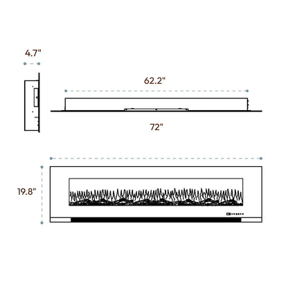 Cambridge 72 Inch Wall Mount Electric Fireplace Heater with Remote Control, Multicolor Flames, and Crystal Rock Display for Indoor Use in Living Room, Bedroom, Home Office, White