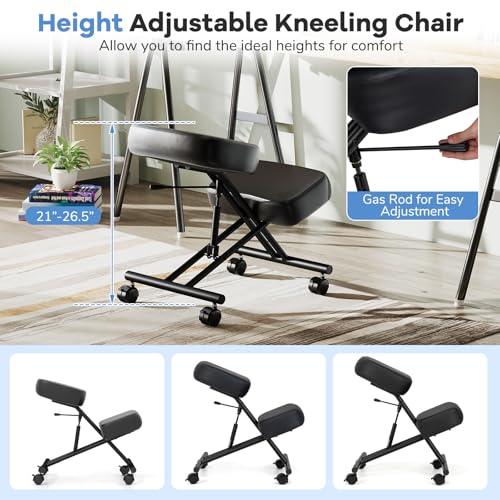 Goplus Kneeling Chair, Upholstered Mobile Desk Chair w/Adjustable Height, Thickened Sponge Cushion, 4 Lockable Universal Wheels, Office Home Padded Stool with Angled Seat, Black (1) Goplus