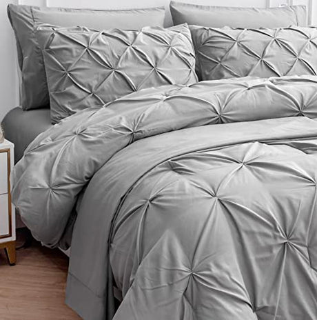 LANE LINEN Twin Sized Comforter Set – 5 Pc Luxury Down-Alternative - Pintuck Stitch Design Bedding - 1 Comforter, 1 Flat Sheet, 1 Fitted Sheet, 1 Pillowcase & 1 Sham - Easy Care, Machine Wash – Silver LANE LINEN