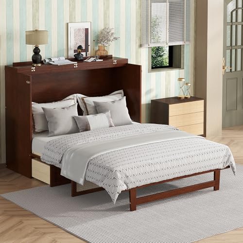 KALALLA Retro Rattan Queen Size Murphy Bed Cabinet with Storage Drawers, Hidden Foldable Platform Bed, Space Saving for Small Room, Kids Adults Guest, Walnut KALALLA