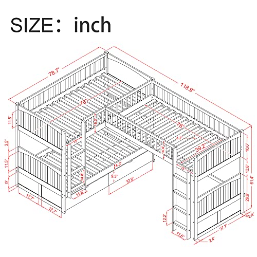 GAOWEI L-Shaped Bunk Bed with Drawers,Twin Over Twin Triple Bunk Beds and Loft Bed for 3 with Ladder & Guardrail & Headboard & Footboard Kids/Solid Wood Triple Bunk Bed for Kids (Gray) GAOWEI