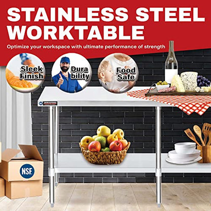 Food Prep Stainless Steel Table - DuraSteel 24 x 84 Inch Commercial Metal Workbench with Adjustable Under Shelf - NSF Certified - For Restaurant, Warehouse, Home, Kitchen, Garage - WoodArtSupply