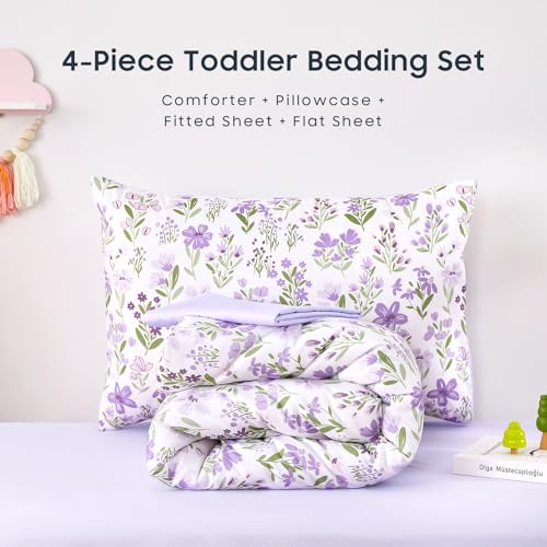 Wake In Cloud - Floral Toddler Bedding Set for Girls, Cute Colorful Botanical Flowers, 4 Pieces Soft Crib Bed Set Including Comforter, Sheets and Pillowcase, Purple White Wake In Cloud