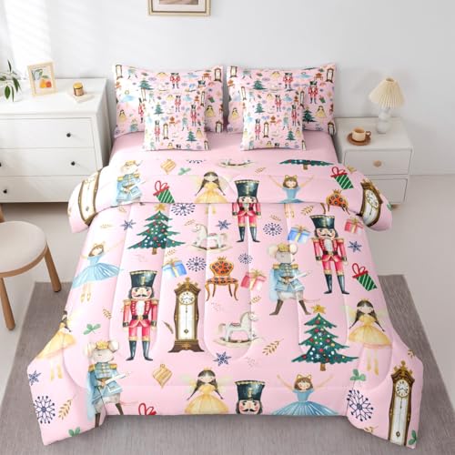Erosebridal Pink Christmas Twin Size Comforter Set with Sheets Kids Nutcracker 7-Piece Bedding Set Carousel Soldier Bed in a Bag Ballet Girl Xmas Tree Bed Quilt Sets for Boy Girl Teen Adult Erosebridal