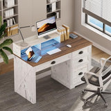 Lareth Computer Desk with Monitor Stand, 47 in Farmhouse Home Office Desk with LED Lights Power Outlets, Executive Desk with Storage for Working Gaming, Study Writing Table for Bedroom, Antique White Lareth
