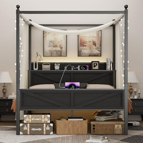 Tsovihe Queen Size Canopy Bed Frame with Barn Door Storage Headboard, Metal Slats Support LED Light & Charging Station/No Box Spring Needed/Easy Assembly/Curtain Not Included/Black Tsovihe
