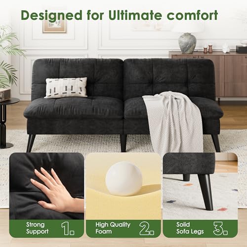 Vongrasig Futon Sofa Bed Velvet Futon Couch with Adjustable Backrest, Small Convertible Folding Sleeper Sofa Bed, Modern Loveseat for Living Room, Bedroom and Small Space, Black Vongrasig