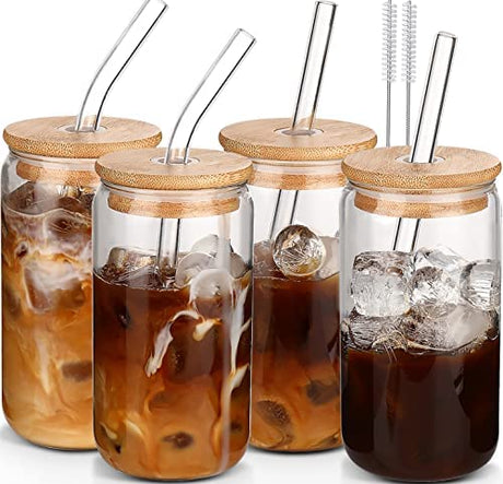Glass Cups with Lids and Straws 4 pcs,16 oz Glass Cups for Coffee Bar Accessories-DWTS DANWEITESI Iced Coffee Cups with Lids,Drinking glasses Set,Coffee Cups Glass Tumbler with Straw and Lid for Gifts DWTS DANWEITESI