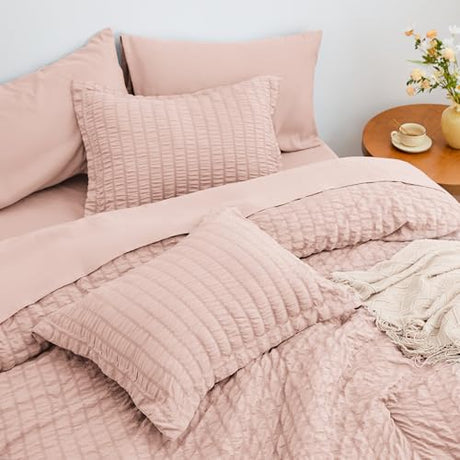 Love's cabin Seersucker Pink Twin Comforter Set, 5-Piece All Season Lightweight Bed in a Bag Bedding Set with Comforter, Flat Sheet, Fitted Sheet, Pillowcase and Sham Love's cabin