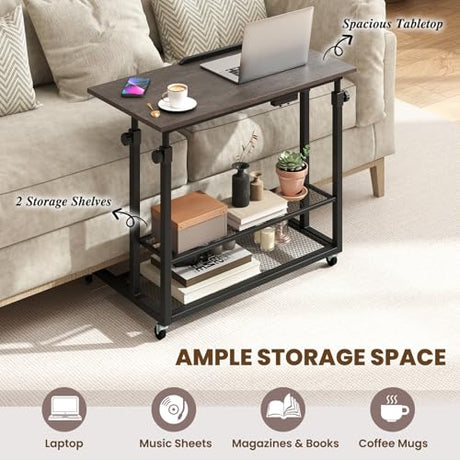 Giantex Mobile Standing Desk, Adjustable Rolling Computer Desk w/Tilting Desktop & Storage Shelves, PC Laptop Table, Small Compact Desk on Wheels for Small Space, Living Room & Bedroom (Black Oak) Giantex