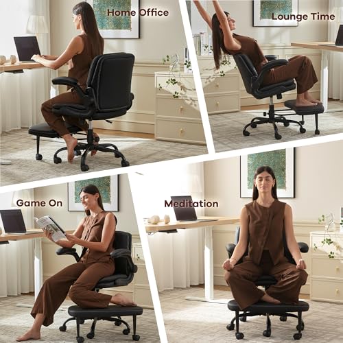 AreShark Cross Legged Office Chair: ADHD Criss Cross Desk Chair with Wheels & Stretchable Rotating Footrest - Height Adjustable Wide Yoga Kneeling Meditation Chair with Flip-up Armrests Back Support AreShark