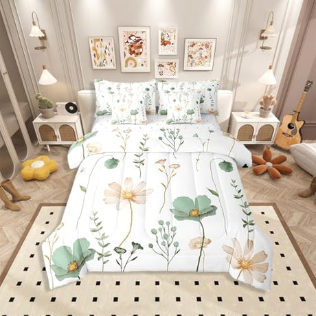 Erosebridal Watercolor Floral Comforter, Sage Green Beige Flower Fitted Sheet Full, Modern Minimalist White Flat Sheet, 2 Pastoral Branches Pillow Cases, 2 Aesthetic Throw Pillow Covers, 7 Pieces Erosebridal