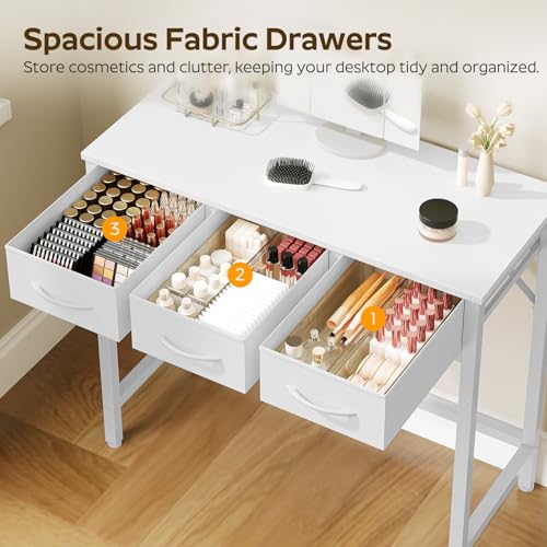YATINEY Makeup Vanity Desk with Mirror and Lights, Vanity Table with 3 Fabric Drawers Storage Desk for Bedroom, Make Up Dressing Table with Folding Mirror, for Small Spaces, White YATINEY