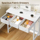YATINEY Makeup Vanity Desk with Mirror and Lights, Vanity Table with 3 Fabric Drawers Storage Desk for Bedroom, Make Up Dressing Table with Folding Mirror, for Small Spaces, White YATINEY