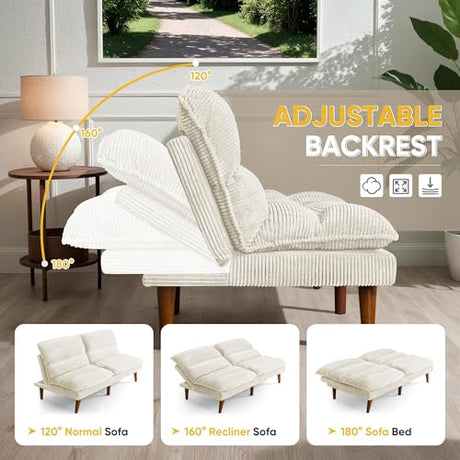 Flamaker Convertible Futon Sofa Bed Futon Couch with Adjustable Back Upholstered Sleeper Sofa Bed for Living Room Furniture (Corduroy, White) Flamaker