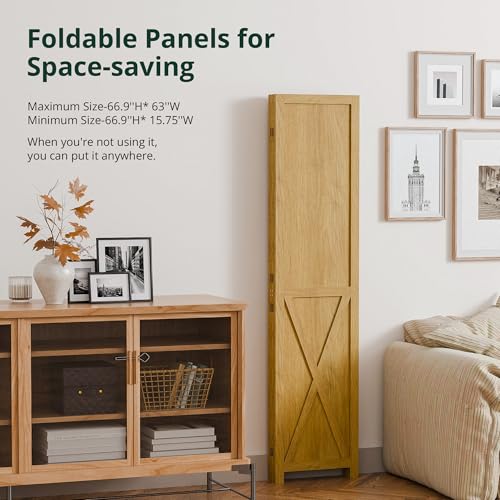 Cozy Castle Wood Room Divider, 4 Panels Folding Privacy Screen, 66.9'' Wall Divider, Barnwood Room Separator, Freestanding Partition, Temporary Wall for for Home Office Restaurant Decorative, Natural Cozy Castle
