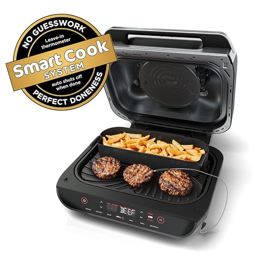 Ninja Indoor Grill, Foodi Smart XL 6-in-1 Indoor Grill with Air Fry, Roast, Bake, Broil & Dehydrate, Smart Thermometer, Black/Silver, FG551 Ninja