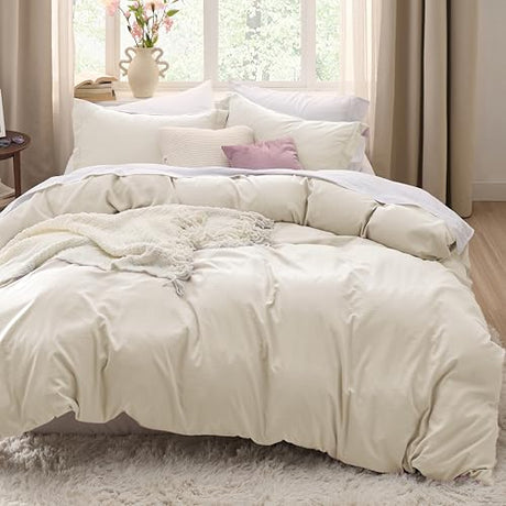 Bedsure Oat Milk Duvet Cover Queen Size - 3 Pieces Prewashed Cotton-Like Polyester Extra Soft Bedding Set, Includes 1 Duvet Cover 90x90 Inches with Zipper Closure & 2 Pillow Shams, No Comforter Bedsure