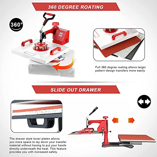 Cowbysr Heat Press 15x15 Inch 8 in 1 Heat Press Machine 360-Degree Swing Away Digital T Shirt Press Machine Multifunction Sublimation Combo for T Shirts Mugs Hat Plate Cap Bottle, Multi-colored Cowbysr