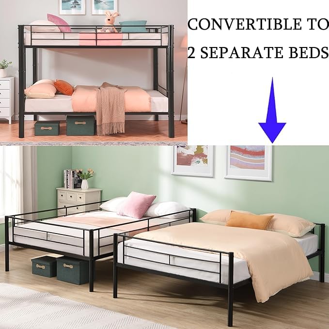FUSVZ Metal Full Over Full Bunk Bed for Adults, Kids & Teens | Heavy Duty Convertible Bunk Bed with Sturdy Guard Rails & Dual Side Ladders | Space-Saving Durable Metal Frame | Weight Capacity 600LBS FUSVZ