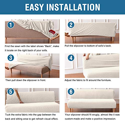 H.VERSAILTEX Armless Futon Cover Stretch Sofa Bed Slipcover Protector Elastic Feature Rich Textured High Spandex Small Checks Jacquard Fabric Futon Cover, Machine Washable, Ivory H.VERSAILTEX
