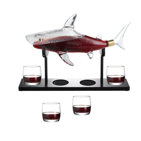 NF Whiskey Decanter Set with 4 Glasses & Wood Stand,1000ml Shark Decanter Glass Liquor Decanter For Whiskey, Scotch, Bourbon Vodka,Gift For Wine Lovers, M NF