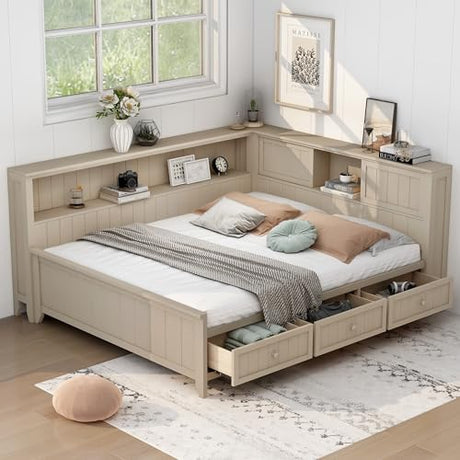 Merax Full Size Corner Bed Frame with 3 Drawers & Storage Shelves & Sliding Doors, Farmhouse Style Wood Platform Bed for Bedroom/Guest Room, No Box Spring Needed Merax