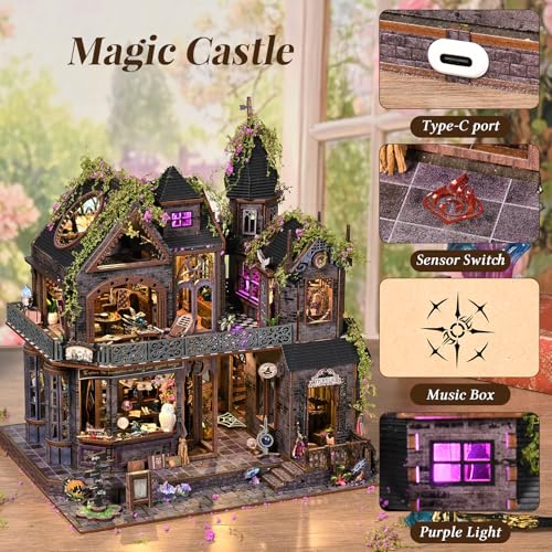 DIY Miniature House Kit, Dollhouse Magic City Gothic Witch House for Adults to Build, Birthday/Christmas Day Gift for Family and Friends, Prefab Tiny Home with LED Lights,Magic Castle