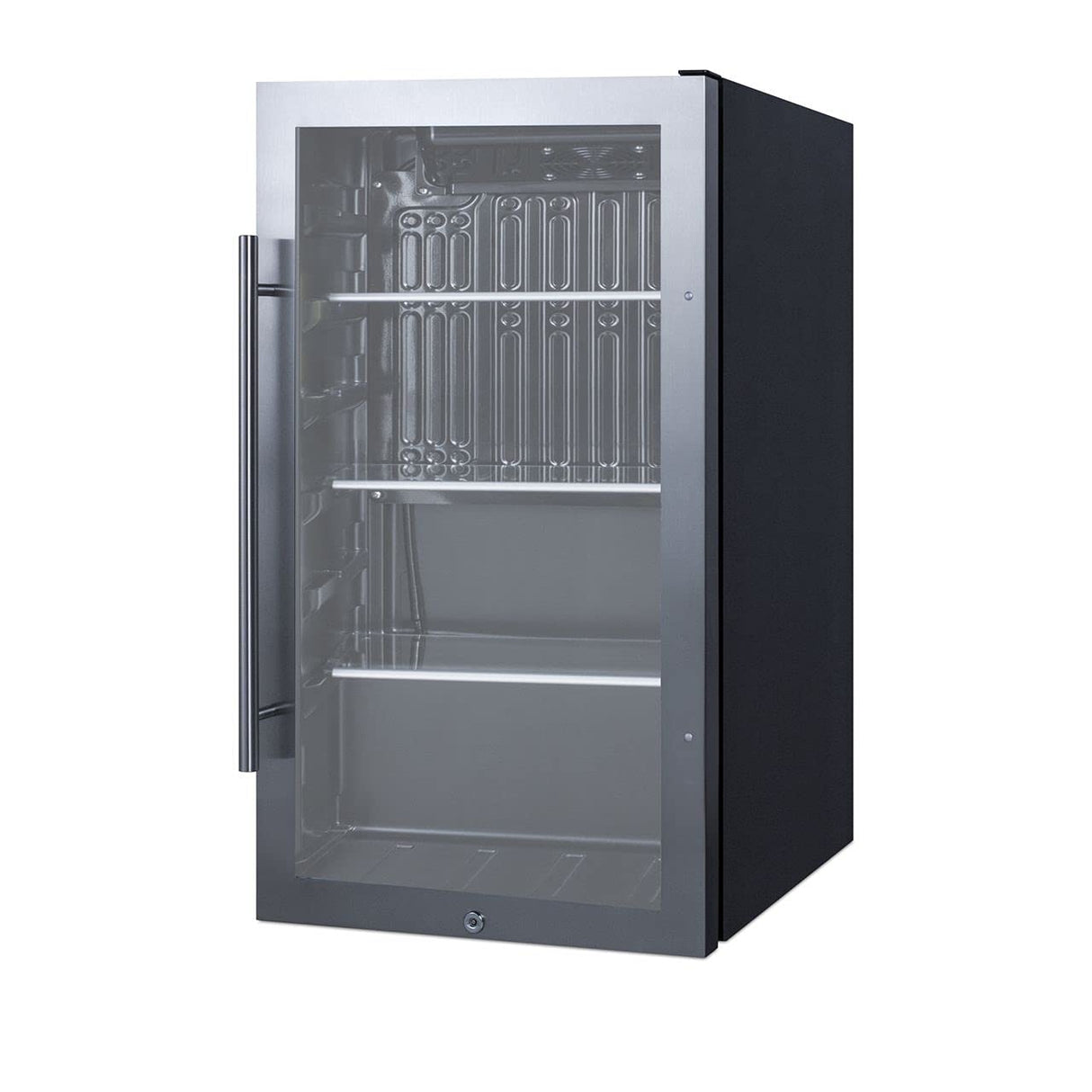 Summit Appliance SPR488BOS Commercially Approved Shallow Depth Indoor/Outdoor Beverage Cooler, Seamless Stainless Steel Door Trim, Glass Door, Black Interior, Front Lock, and Dial Thermostat Summit Appliance