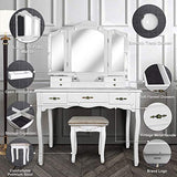 ENSTVER Vanity Beauty Station,Tri-Folding Mirrors,6 Organization 7 Drawers Makeup Dress Table with Cushioned Stool-White ENSTVER