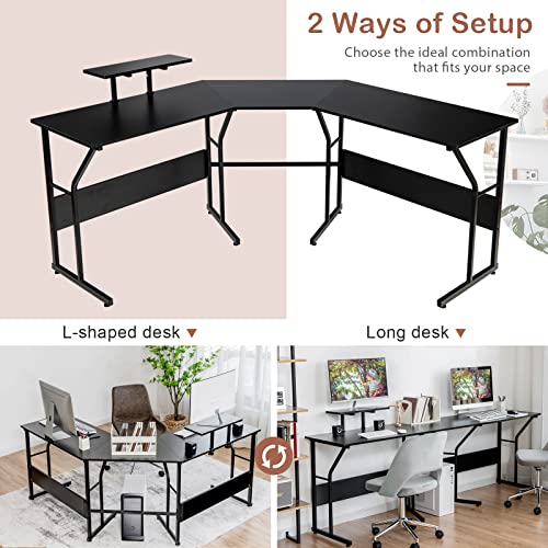 Tangkula L-Shaped Reversible Computer Desk, 2 Person Long Computer Workstation w/Movable Monitor Stand, Large Home Office Corner Desk for Working Writing Gaming (Black) - WoodArtSupply