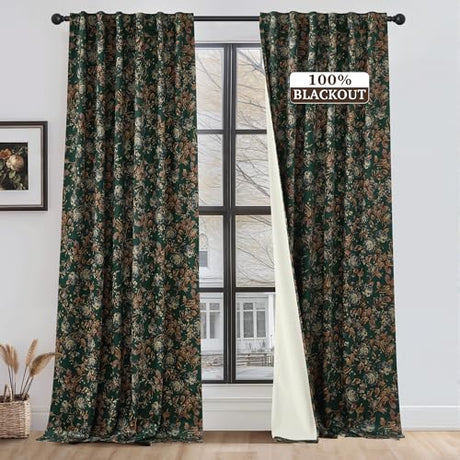 StangH Green Floral 100% Blackout Sliding Door Curtains, Vintage Flower Patterned Decorative Bedroom Drapes Thermal Insulated Farmhouse Boho Room Divider for Living Room, W52 x L84, 2 Panels StangH