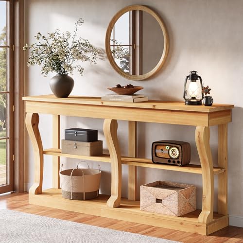 TRIBEWOOD Solid Wood Console Table for Entryway, 63-Inch 3-Tier Sofa Table Behind The Couch with Storage, Farmhouse Entryway Furniture for Living Room, Foyer, Hallway, Natural Wood TRIBEWOOD