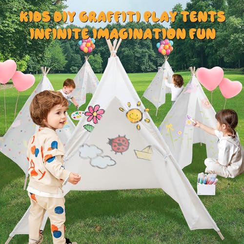 4 Pack Teepee Tent for Kids [Thickened] with Light String and Inflatable Airbed, Slumber Party Tents, Sleepover Tents Party for Girls Boys Indoor Outdoor (White) WOUDY