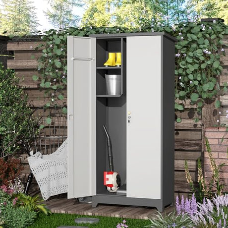 SAFEFEVER Outdoor Metal Storage Cabinet,Garden Storage Cabinet with Waterproof Coating,Waterproof Lockable Storage Cabinets for Garden,Backyard,Lawn,Dark Gray+White SAFEFEVER