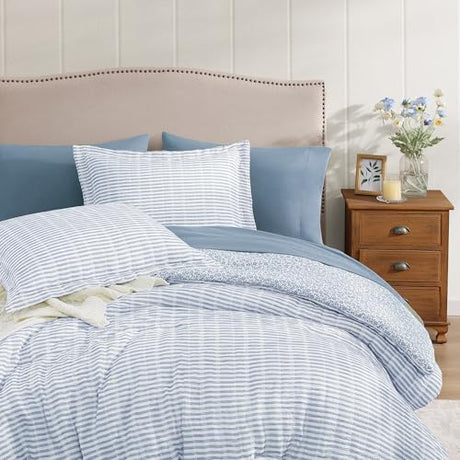 BLOOMHAVEN Queen Comforter Set - 7 Pieces Blue Gauze Muslin Bedding Sets for All Seasons, Lightweight Breathable Bed in a Bag Queen with Revesible Farmhouse Comforter, Sheets, Pillowcases & Shams BLOOMHAVEN