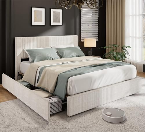 IDEALHOUSE King Size Bed Frame with Tall Tufted Wingback Headboard, Platform Velvet Upholstered King Bed Frame with 4 Storage Drawers and Wooden Slats Support, No Box Spring Needed, Creamy White IDEALHOUSE
