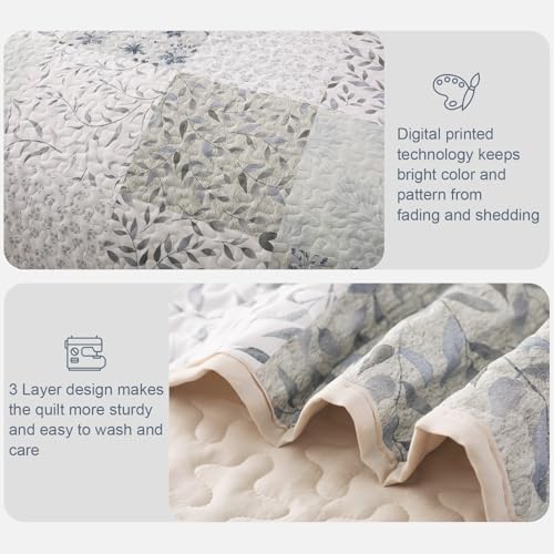 Exclusivo Mezcla Reversible Boho Quilts Queen Size, Gray Bedspreads Lightweight Coverlet All Season Patchwork Quilt Bedding Set with Printed Floral Pattern (1 Quilt, 2 Pillow Shams) Exclusivo Mezcla