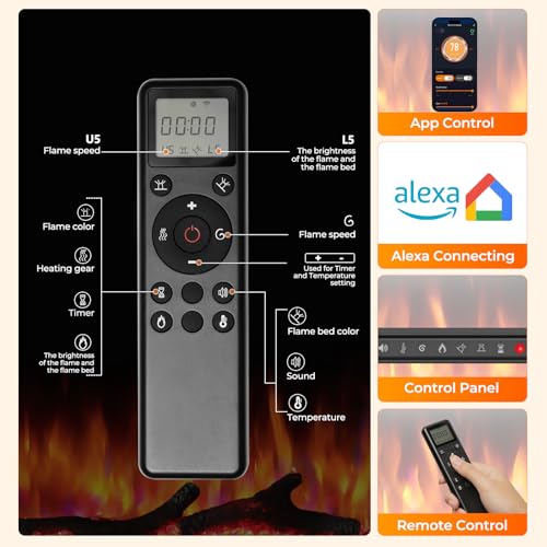 R.W.FLAME 50 Inch Smart Electric Fireplace Recessed and Wall Mounted with Adjustable Flame Colors and Speed, Alexa/WiFi Enabled, APP Control with Multiple Sound Modes, Log & Crystal Options R.W.FLAME