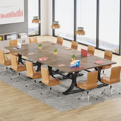 Tribesigns 10.5FT Conference Table, Modern Meeting Table for 8-10 People, Rectangle Seminar Boardroom Table for Office Conference Room (2, Gray+Black) - WoodArtSupply