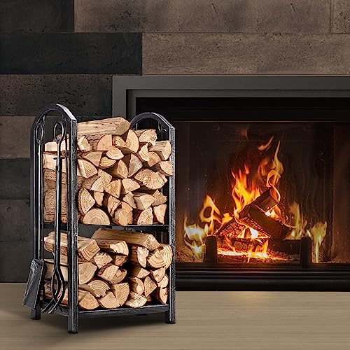 Amagabeli Firewood Rack Indoor 5 Pieces Fireplace Tools Set Fire Wood Holder with Tongs Poker Brush and Shovel Outdoor Log Rack Solid Wrought Iron Fireplace Set Kit Wood Stove Accessories Pewter AMAGABELI GARDEN & HOME